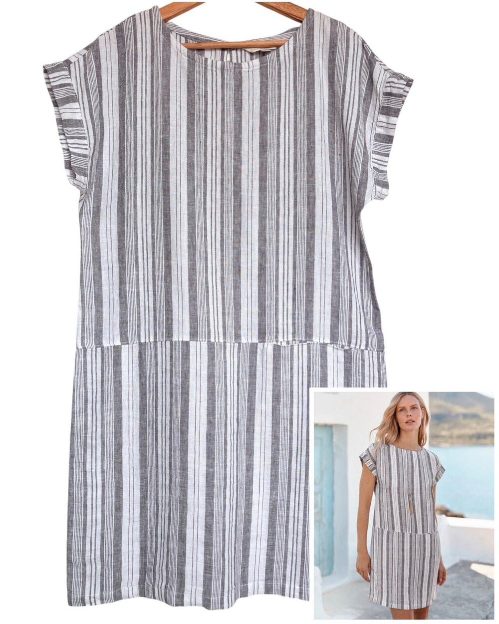 Garnet Hill Meraki Linen Shift Dress Gray White Stripe European Flax Coastal M